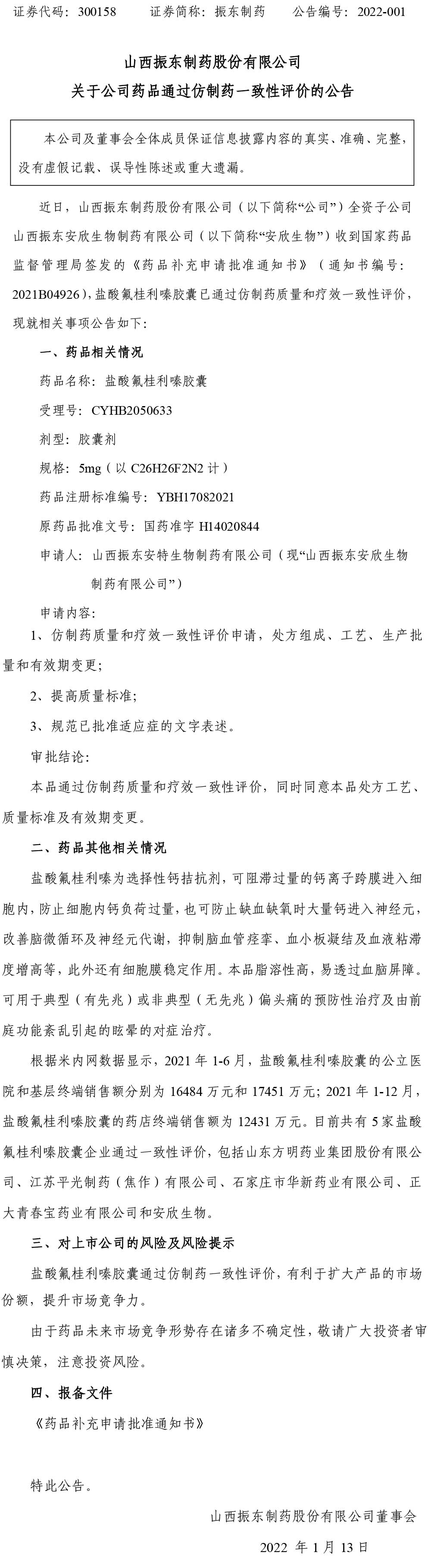 大奖国际制药,大奖国际,300158,仿制药一致性评价,药品通过仿制药一致性评价