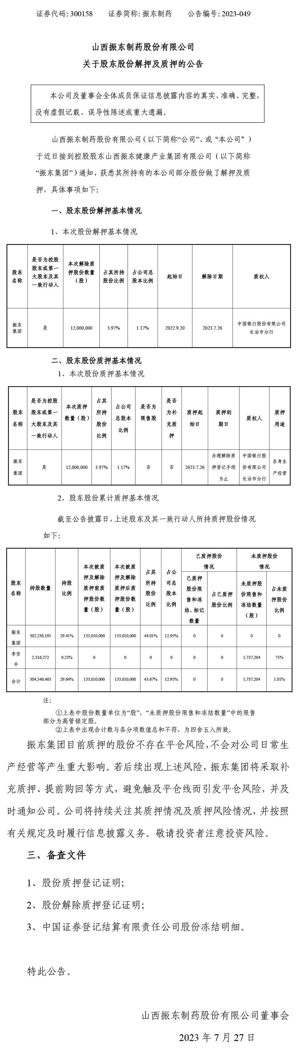 股东股份解押及质押,股东股份解押,大奖国际制药,大奖国际,300158